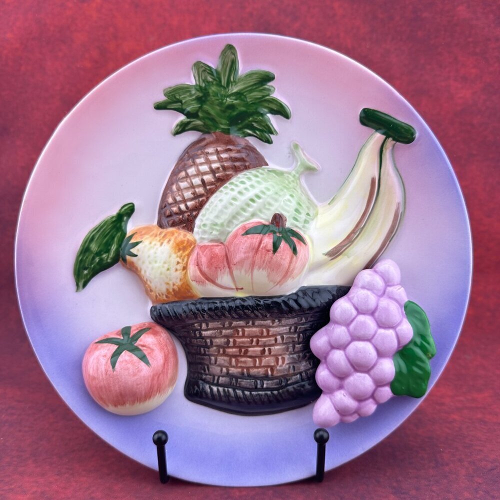 VINTAGE CERAMIC WALL HANGING 3D FRUIT BASKET PLATE MADE IN JAPAN, HARUTA BRAND